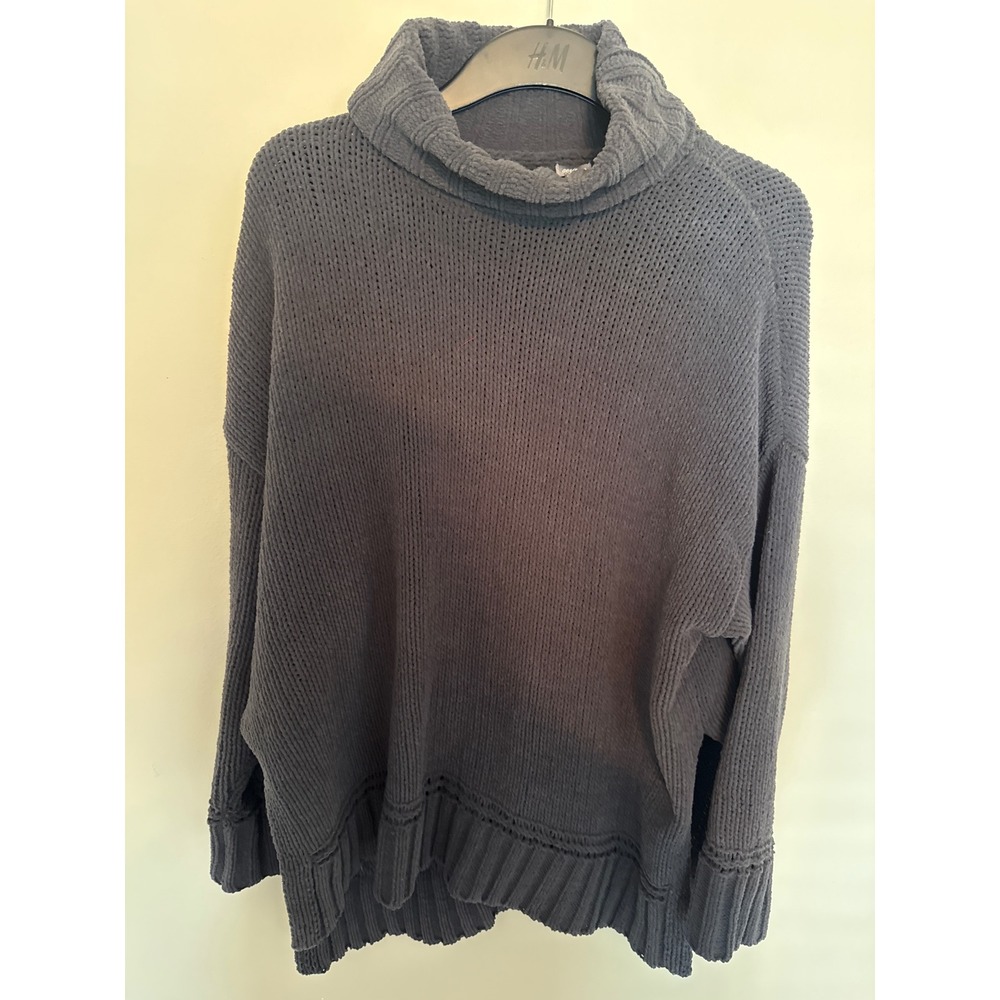 Aerie Women Gray Chenille Oversized Turtleneck Sweater Pointelle Detail Small